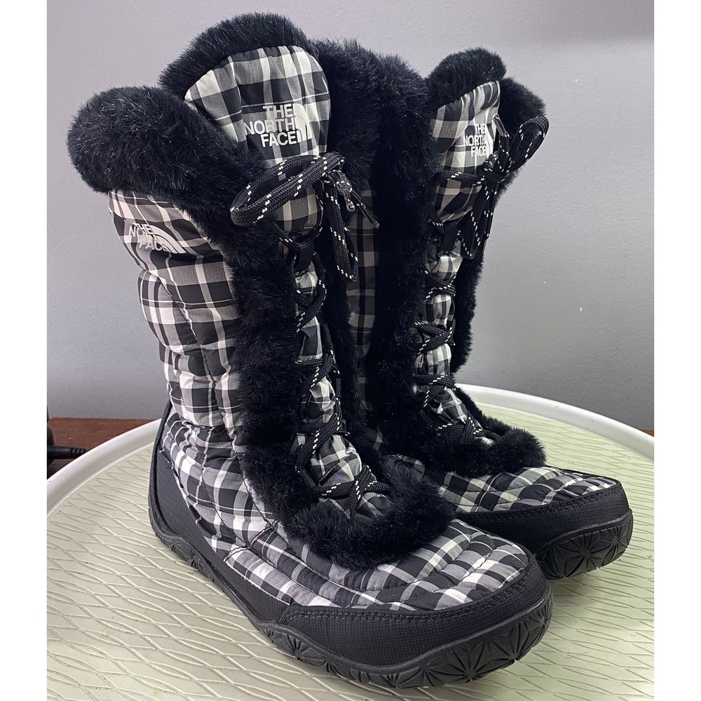 The North Face Womens Goose Down Winter Snow boots Black/White Plaid Lace Up 8.5